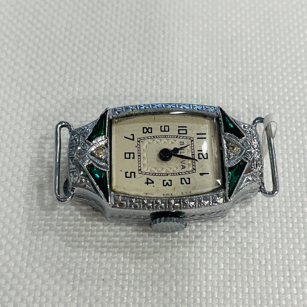 Antique 14k Ladies Art Deco Miss Liberty Emerald Bulova Watch With Diamond